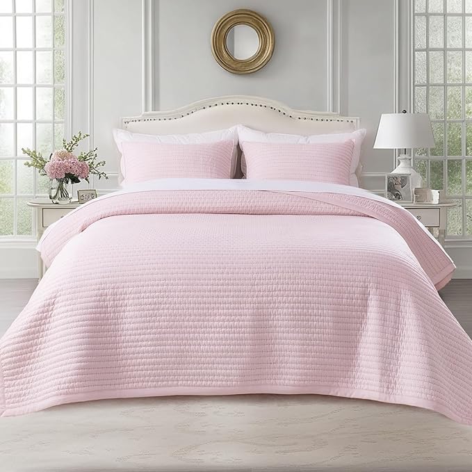 KASENTEX Queen Quilt Set 90"x90" – Soft Washed 3-Layer Lightweight Bedspread, Minimalist Nordic Design, All-Season Spring & Summer Quilt Set (1 Quilt + 2 Pillow Shams), Pink