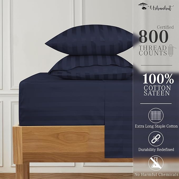 URBANHUT 800 Thread Count 100% Cotton Damask Queen Size Sheets, 4 Piece Striped Queen Size Bedsheets, Luxury Hotel Sheets Sateen Weave - Better Than Egyptian, 16" Elasticized Deep Pocket- Navy Blue