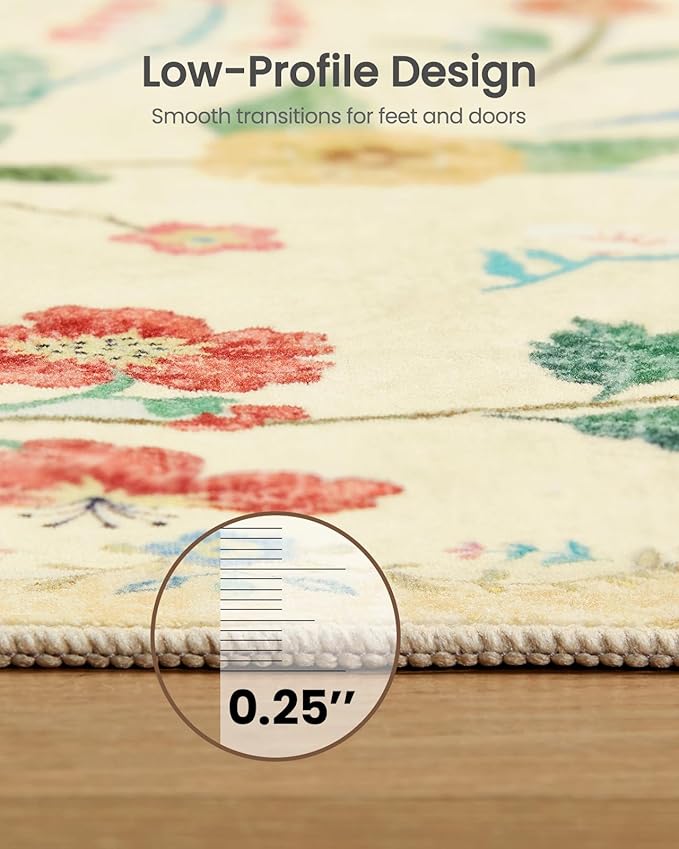 Amada 2x6 Washable Runner Rug, Non-Slip & Low-Profile Kitchen Area Rug with Durable Edge Binding, Boho Floral Pattern, Soft Long Entryway Runner Rugs for Bedroom & Hallway