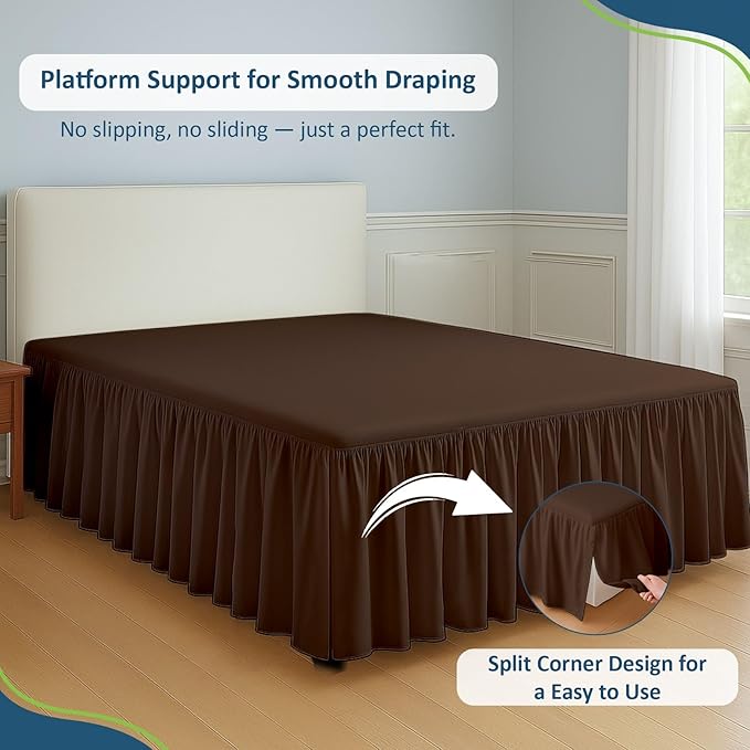 Rajlinen Ruffled Bed Skirt Twin, 21 Inch Drop Dust Ruffle with Split Corners, 100% Microfiber Bedskirt with Platform, Three-Sided Coverage Ruffled Gathering Design, Chocolate