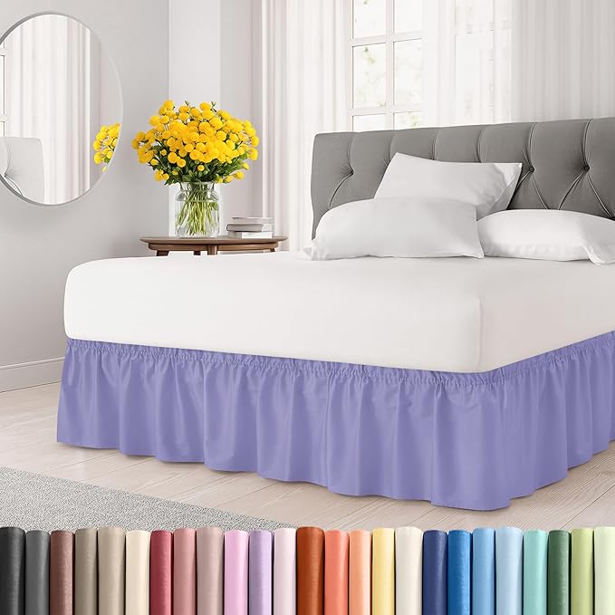 Wrap Around Dust Ruffle Bed Skirt - Lavender - for Full Size Beds with 18 Inch Drop - Easy Fit Elastic Strap - Adjustable Pleated Bedskirt w/Brushed Fabric Wrinkle Free - for Women, Men, Kids & Teens