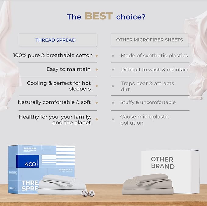 THREAD SPREAD 2-Pack Queen Size Sheets Set - 400 Thread Count 100% Cotton Sateen Weave - Extra Soft, Breathable, Hotel Quality Cooling Sheets, 2 Sets of Queen Size Deep Pocket Bed Sheets (Silver Grey)