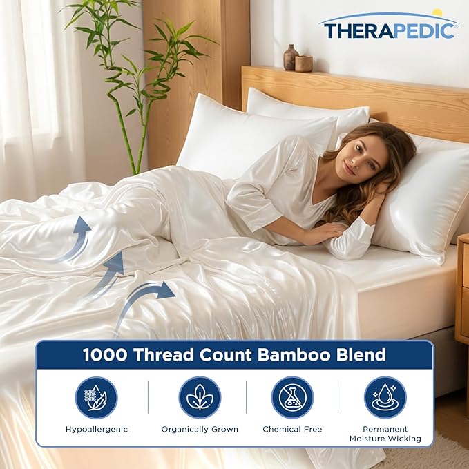 Therapedic 1000TC California King 6-Piece Sheet Set - 100% Organic Rayon Derived from Bamboo Blend with Cooling Fiber, Ideal for Hot Sleepers - 16" Deep Pocket Fitted Sheet, Bonus Pillowcases - Ivory