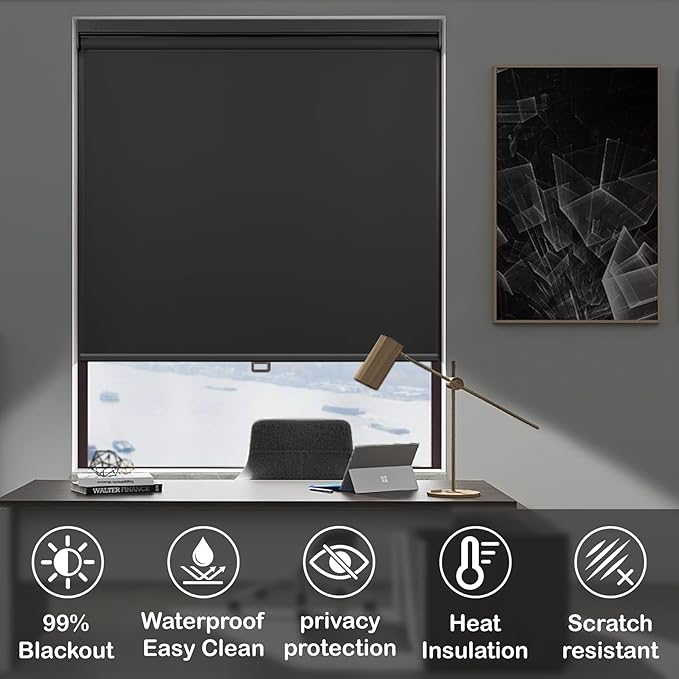 HESTIA No Drill Cordless Blackout Roller Shades Screwless Waterproof Shower Window Blinds, Auto-Retraction Easy Install Blind for Bathroom/Kitchen/Office/Exterior, Black, 36" W x 72" H