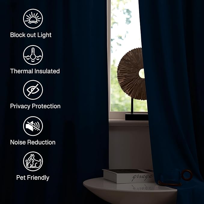 StangH Rod Pocket Velvet Curtains 90 inches Long Navy Blue Blackout Thermal Insulated Window Treatment Heavy Thick Privacy Home Decor for Office/Sliding Door, W42 x L90, 2 Panels