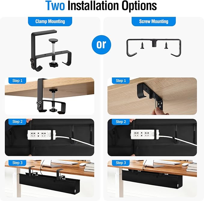 Under Desk Cable Management Tray - Heavy Duty No-Drill Clamp & Screw Mount, 36-Inch Cord Organizer for Home Office, Gaming Setup & Study Room, Holds Power Strip & Large Adapters