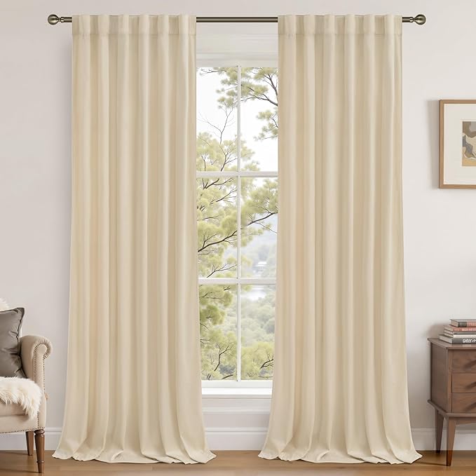 LAMIT Beige Velvet Panels for Living Room 84 Inches Long, Elegant Thermal Insulated Curtains Back Tab and Rod Pocket Drapes for Classical Bedroom, 2 Panels, 52 x 84 Inch