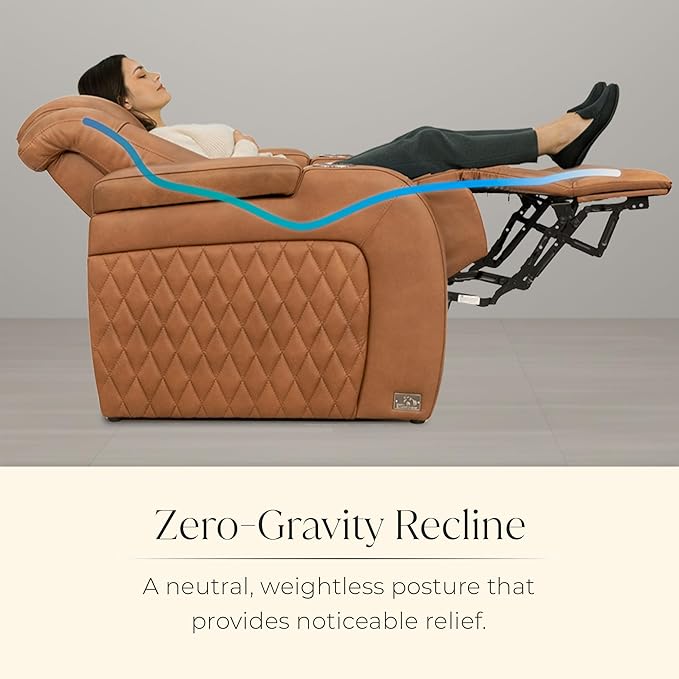 Seatcraft Diamante Zero-Gravity CoolZero Italian Leather Home Theater Seating, Power Headrest, Power Recline, Row of 3, Tawny