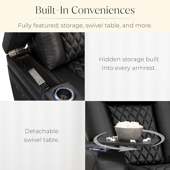 Seatcraft Diamante Zero-Gravity CoolZero Italian Leather Home Theater Seating, Power Headrest, Power Recline, Row of 2, Black