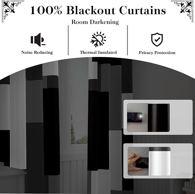 Black Grey 100% Blackout Curtains for Bedroom 96 inch Long 2 Panels Set White Grey Modern Abstract Geometric Black Out Curtains Insulated Room Darkening Window Drapes for Living Room, 52Wx96L