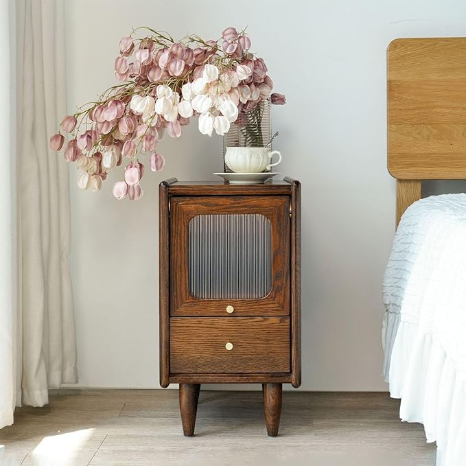 Mid Century Modern Narrow Nightstand with Drawers, Solid Wood Oak Bedside Table, Side Table, 11.81 W x 15.75 D x 21.26 H Inches, Walnut