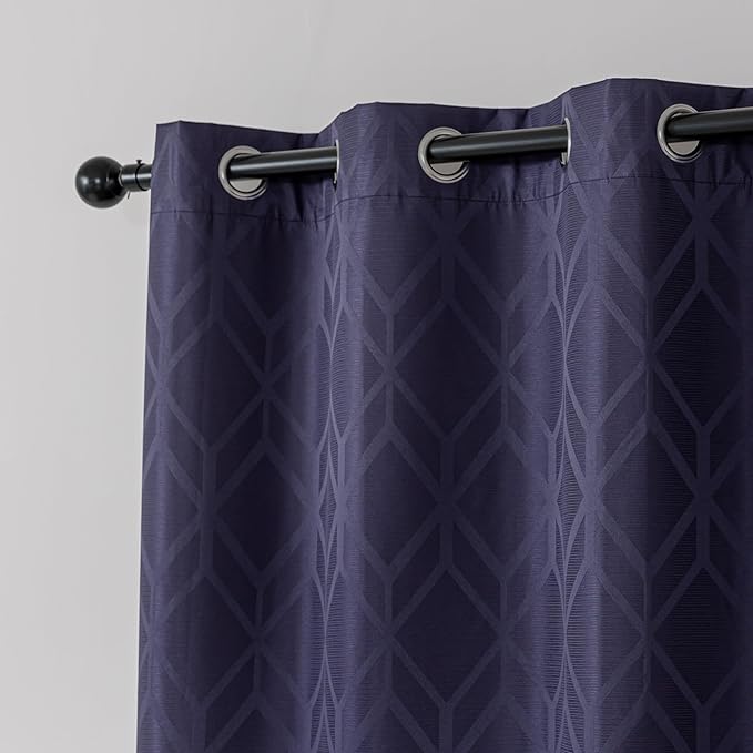 Amazon Basics Jacquard 2-Piece 100% Blackout Curtains, Living Room and Bedroom Drapes, Thermal Insulated Window Treatment, 52"x95", Dark Blue