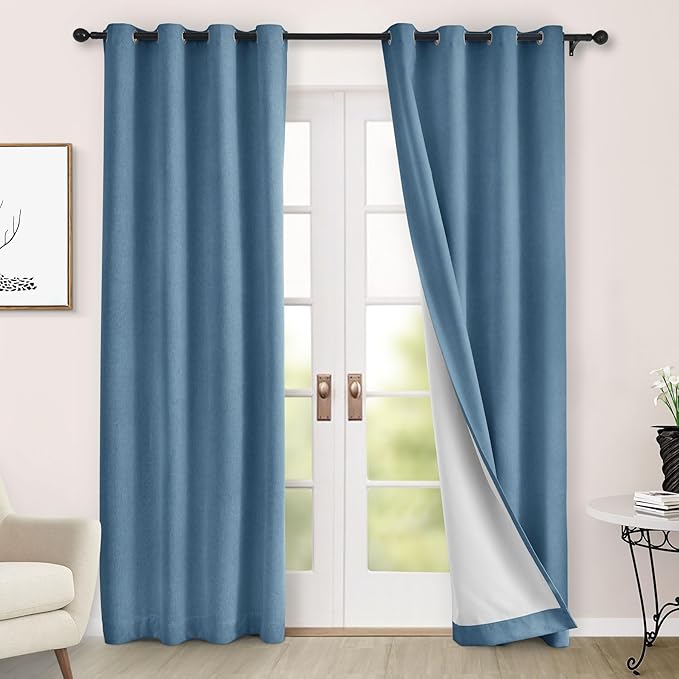 Macochico 100% Blackout Chenille Curtains 96 Inches Long for Hotel Nursery Noise Reducing Thermal Curtains for Bedroom Living Room Grommet Ashtray Blue Curtains with Tieback 52"Wx96"L Classic 1 Panel