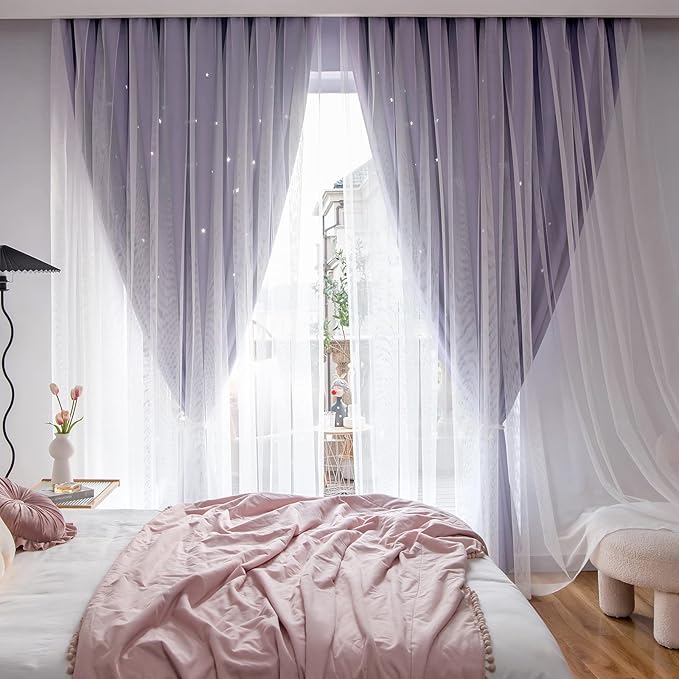 Star Double Layer Blackout Curtains for Bedroom, Kids - Cute, 96 Inch Long, 2 Panels Set, Purple, 42 x 96 Inch
