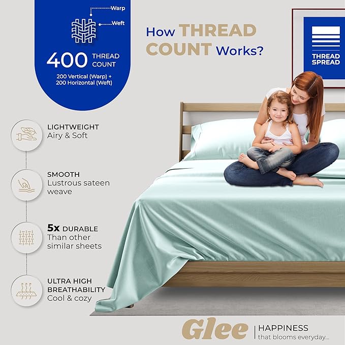 THREAD SPREAD Twin Sheets Set Cotton - 400 Thread Count 100% Cotton Twin Sheet Set, 3 PC Twin Sheets, Cooling & Luxury Sateen Sheets, 16" Deep Pockets Easy Fit, Breathable Cotton Sheets (Sea Foam)