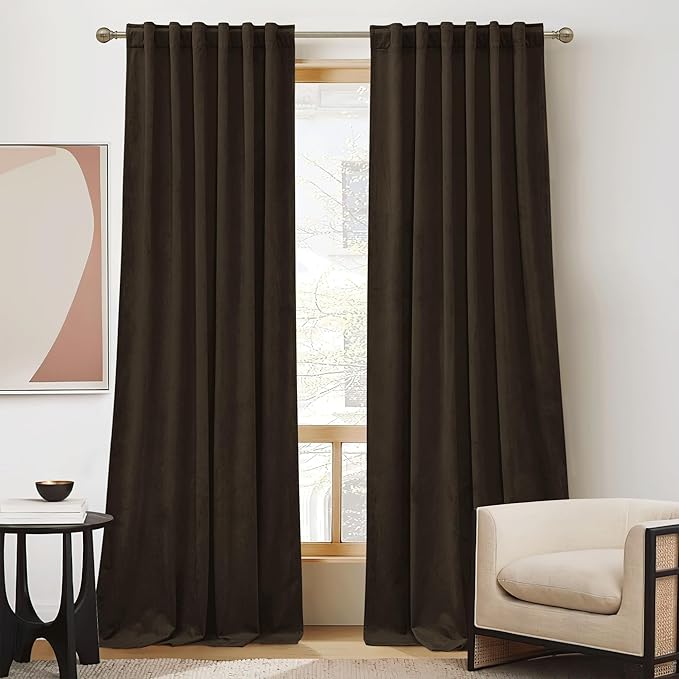 RYB HOME Brown Velvet Curtains 90 inches, Back Tab Soft Fabric Blackout Thermal Insulated Luxurious Home Decor Curtains for Living Room Bedroom, W 52" x L 90", 2 Panels Set
