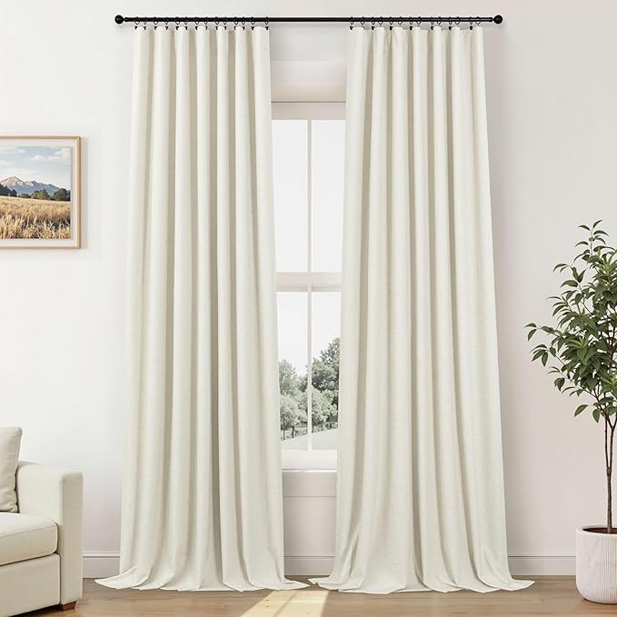 Neutral Blackout Curtains 132 Inches Long Elegant Villa Cottage Cabin 12 Foot ft Tall Linen Textured Room Darkening Curtain for Sliding Door 2 Panels Privacy Room Divider Drapes for Living Room Cream
