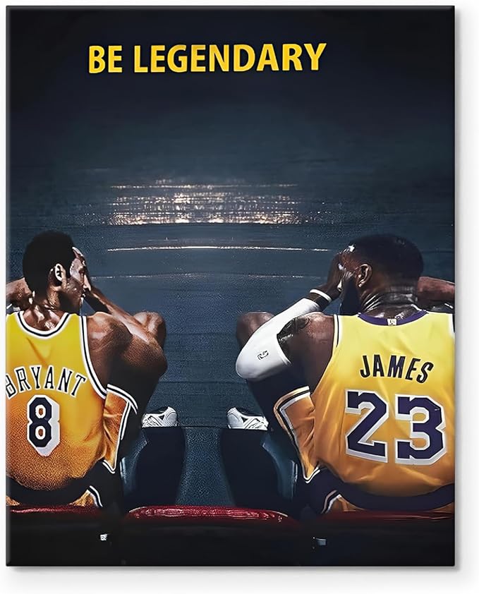 Kobe Bryant and LeBron James Canvas Wall Art Print Poster, Be Legendary Inspirational Sports Picture Artwork, Motivational Mamba Mentality Wall Decor for Home Office Gym Living Room, Framed 16x20inch
