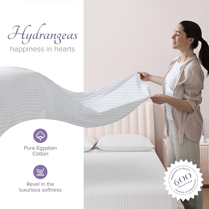 Carressa Linen Luxury Egyptian Cotton Twin Stripe Sheet Set - 600 Thread Count Extra Long Staple 3 PC Set, Crisp White Twin Damask Sheets, Soft, Cooling Sateen Weave Sheets Upto 18 in Deep Pocket