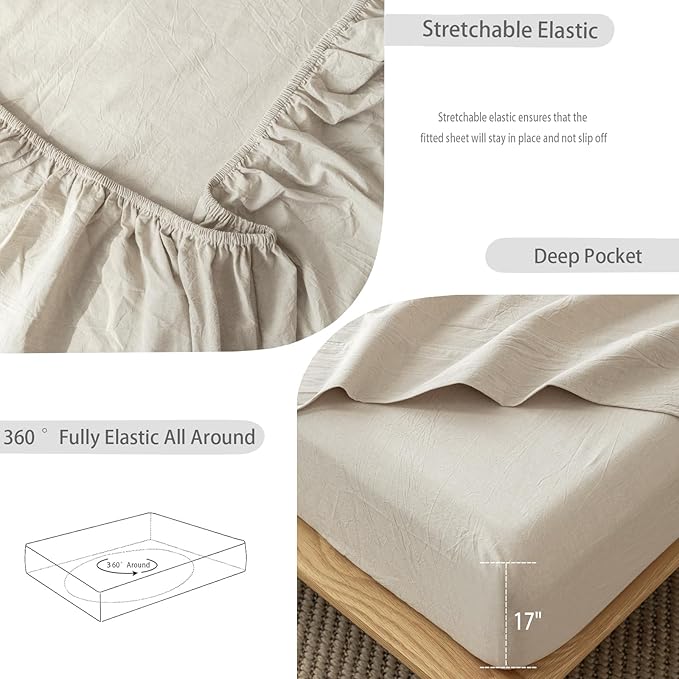 MooMee Fitted Bottom Sheet Only 100% Washed Cotton Linen Like Textured Breathable Durable Soft Comfy Deep Pocket Fits Mattress up to 17" (Tannish Linen Grey, King)