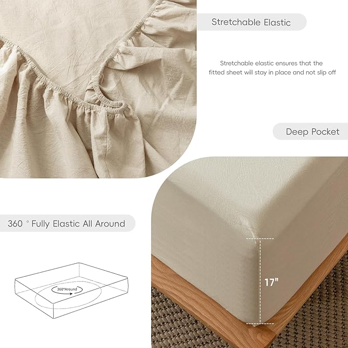 MooMee Fitted Bottom Sheet Only 100% Washed Cotton Linen Like Textured Breathable Durable Soft Comfy Deep Pocket Fits Mattress up to 17" (Almond Milk Grey, King)