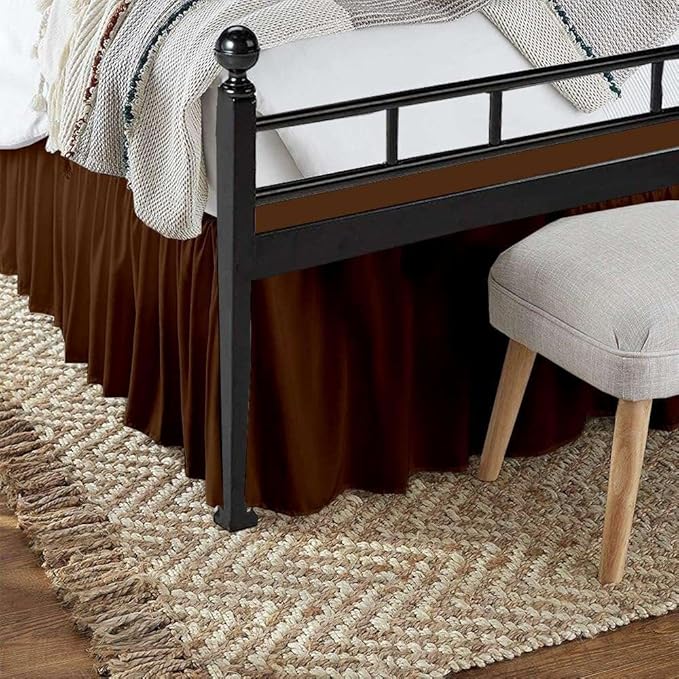 Chocolate Solid Ruffled Bed Skirt Queen-XL-10 Inch Drop Split Corner, Microfiber Bedskirt with Platform Three Sided Coverage