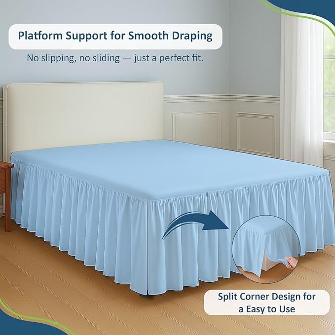 Rajlinen Ruffled Bed Skirt California King, 24 Inch Drop Dust Ruffle with Split Corners, 100% Microfiber Bedskirt with Platform, Three-Sided Coverage Ruffled Gathering Design, Light Blue