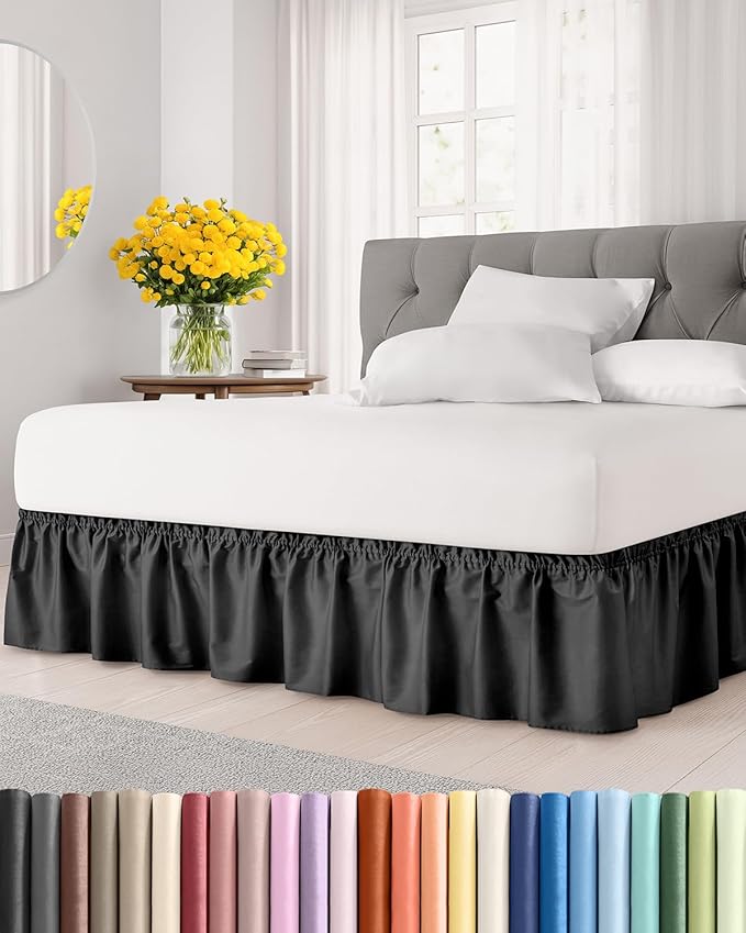 Wrap Around Dust Ruffle Bed Skirt - Black - for King Size Beds with 21 Inch Drop - Easy Fit Elastic Strap - Adjustable Pleated Bedskirt w/Brushed Fabric - Wrinkle Free - for Women, Men, Kids & Teens