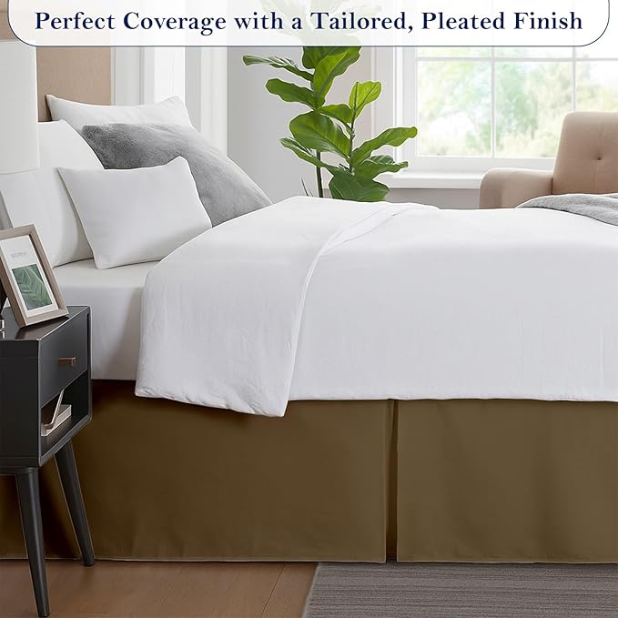Queen Bed Skirt, Luxury 16 Inch Drop Taupe Pleated Bed Skirt, Double Brushed Microfiber, Box Pleat Design, Wrinkle & Fade Resistant, Easy Fit Tailored Bedskirt for Queen Size Beds