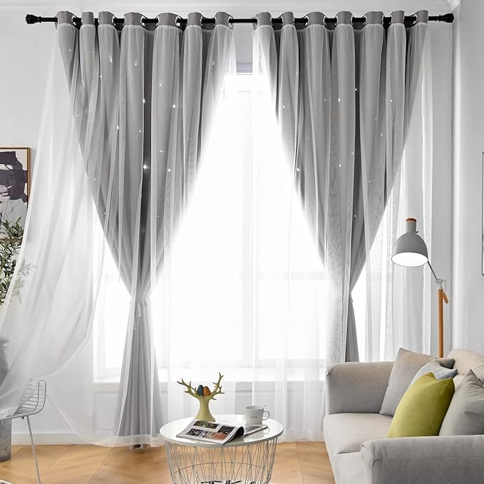 Star Blackout Curtains for Bedroom & Kids Room, Double Layer, 96 Inches Long, Grey