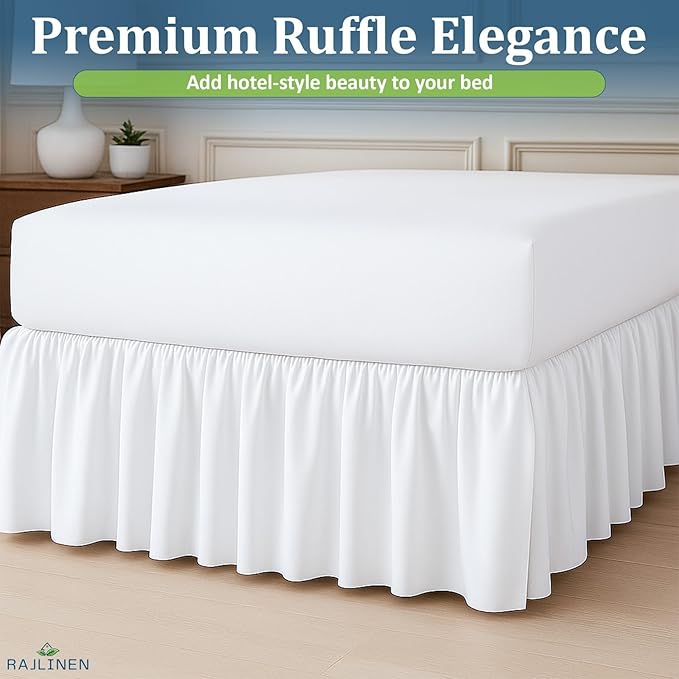 Rajlinen Ruffled Bed Skirt King, 12 Inch Drop Dust Ruffle with Split Corners, 100% Microfiber Bedskirt with Platform, Three-Sided Coverage Ruffled Gathering Design, White