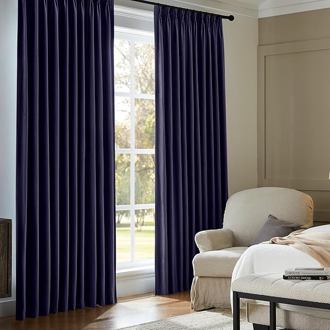 Pinch Pleated 100% Blackout Curtains for Bedroom, Navy Blue Velvet Curtains for Living Room, Black Out Curtain 84 inch Long Room Darkening, Blackout Pinch Pleat Drapes with Hooks 2 Panels
