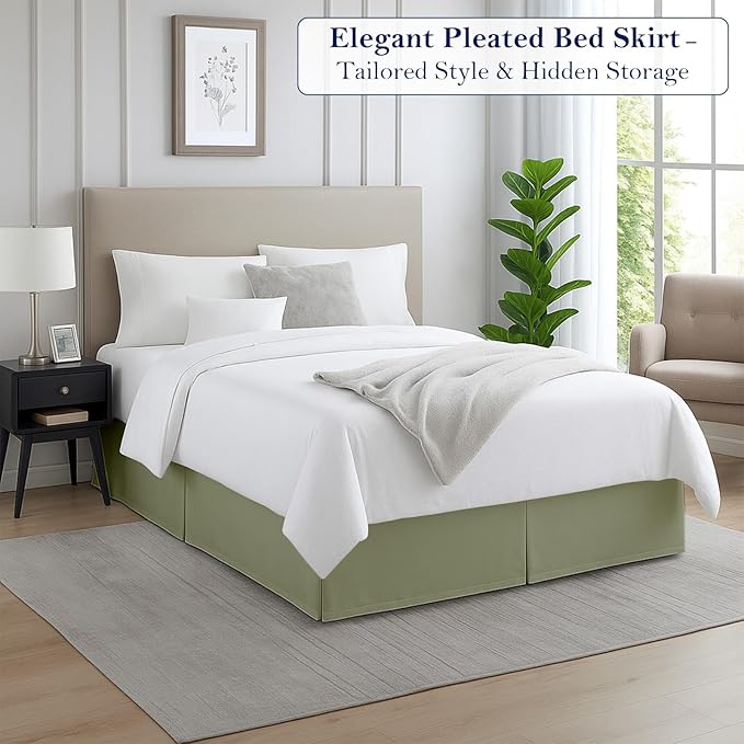 Queen Bed Skirt, Luxury 16 Inch Drop Sage Pleated Bed Skirt, Double Brushed Microfiber, Box Pleat Design, Wrinkle & Fade Resistant, Easy Fit Tailored Bedskirt for Queen Size Beds