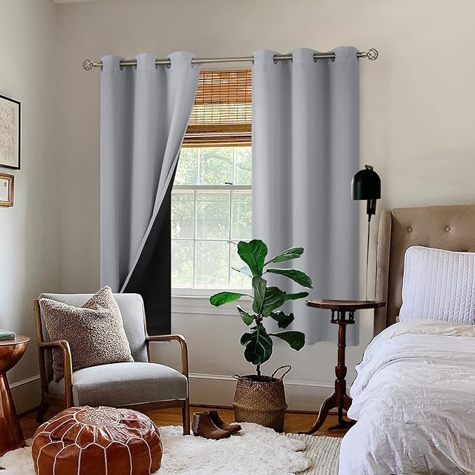 BGment Thermal Insulated 100% Blackout Curtains for Bedroom with Black Liner, Double Layer Full Room Darkening Noise Reducing Grommet Curtain (38 x 63 Inch, Light Grey, 2 Panels)