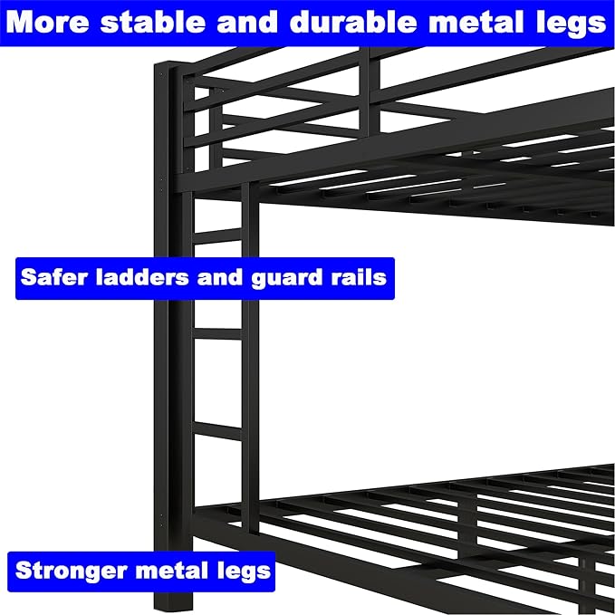 Upgraded Version Thickened Metal Heavy-Duty Queen Over King Bunk Bed, Best Modern Style Stronger King Size Bunk Bed Frame with Ladder for Adults, Easy Assembly (Queen Over King)