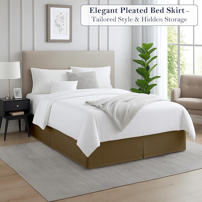 Queen Bed Skirt, Luxury 18 Inch Drop Taupe Pleated Bed Skirt, Double Brushed Microfiber, Box Pleat Design, Wrinkle & Fade Resistant, Easy Fit Tailored Bedskirt for Queen Size Beds