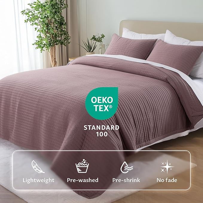 KASENTEX King XL Quilt Set 108"x98" – Soft Washed 3-Layer Lightweight Bedspread, Minimalist Nordic Design, All-Season Spring & Summer Quilt Set (1 Quilt + 2 Pillow Shams),Twilight Mauve Purple