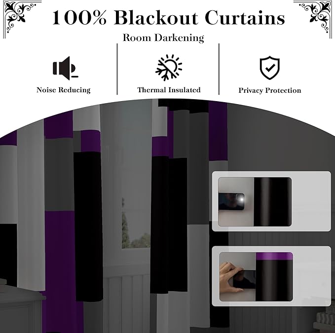 Purple 100% Blackout Curtains for Bedroom 96 inch Length 2 Panels Set Black Grey Modern Abstract Geometric Black Out Curtains Insulated Room Darkening Window Drapes for Living Room, 52Wx96L