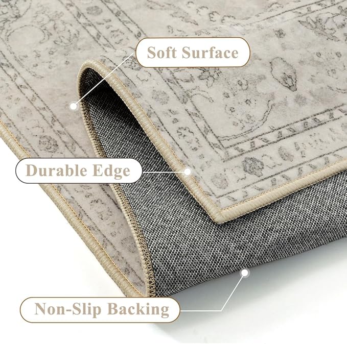 Beige 6x9 Area Rug Washable Vintage Carpet for Living Room Bedroom Large Soft Retro Floral Low Pile Thin Indoor Rug Non Slip Central Medallion Floor Cover for Dining Room Office