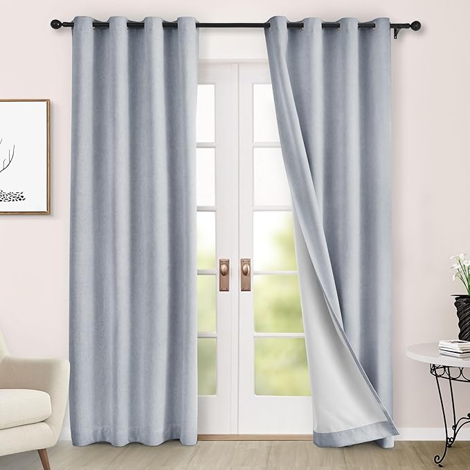 Macochico Thermal Blackout Chenille Curtains 100% Blackout Window Draperies for Living Room Bedroom Auditorium Banquet Hotel Gray Blue Curtains with Tieback Classic Home Decor 72" Wx102 L 1 Panel