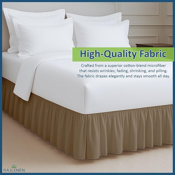 Rajlinen Ruffled Bed Skirt Queen, 16 Inch Drop Dust Ruffle with Split Corners, 100% Microfiber Bedskirt with Platform, Three-Sided Coverage Ruffled Gathering Design, Taupe