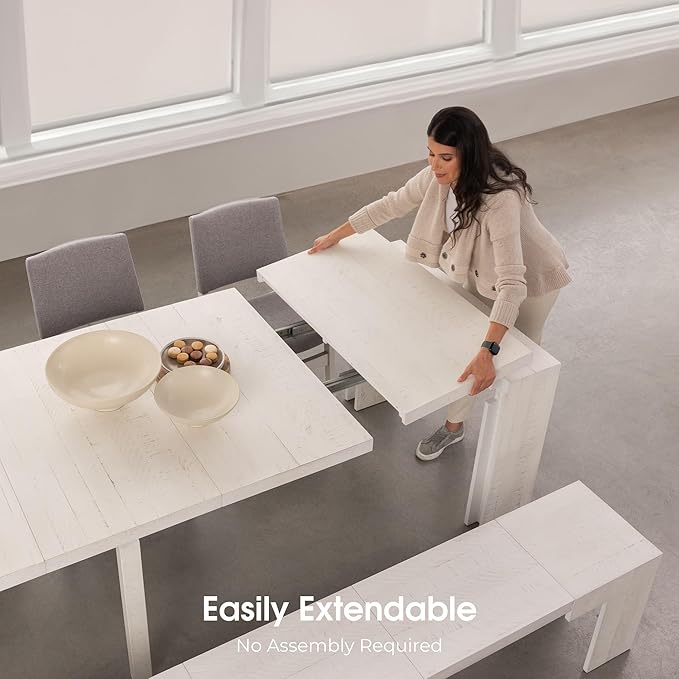 Transformer Table - Solid Wood Extendable Dining Table, Seats 2-12, Extendable Dining Room Table, Space-Saving Furniture, Expandable Dining Furniture (White, Table + 2 Benches)