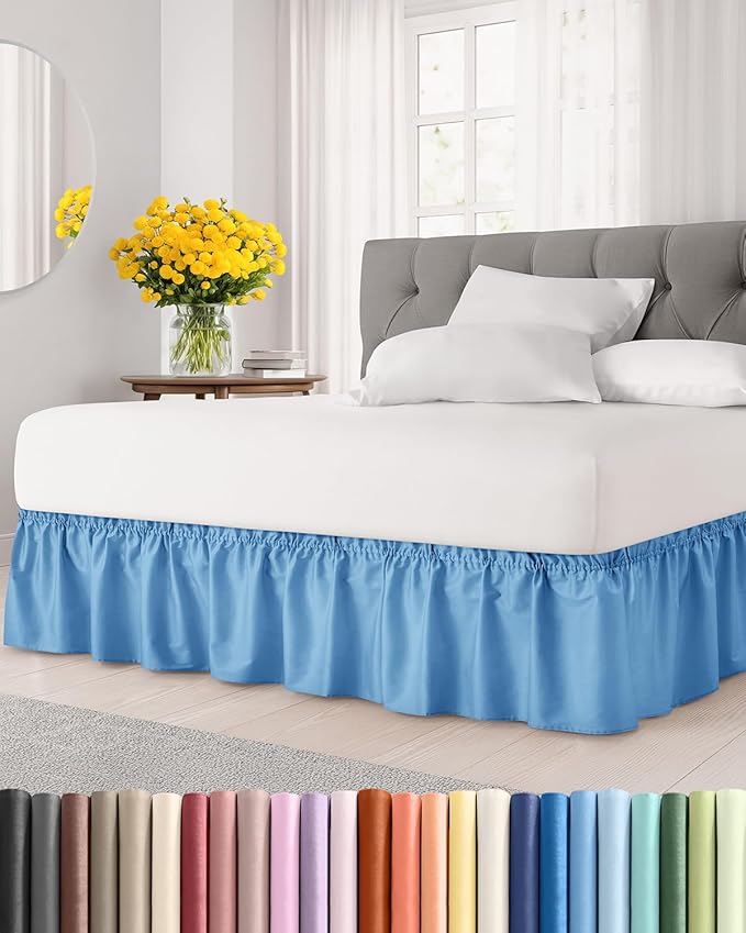 Wrap Around Dust Ruffle Bed Skirt - Denim Blue - for Queen Size Beds with 24 Inch Drop - Elastic Strap - Adjustable Pleated Bedskirt with Brushed Fabric and Wrinkle Free - For Women, Men, Kids & Teens