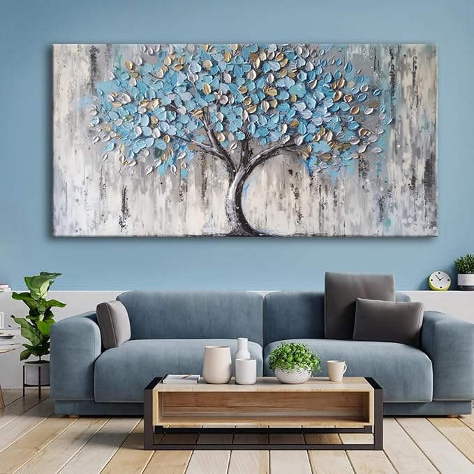 Blue Tree Canvas Wall Art - Modern Botanical Paintings for Living Room, Bedroom Wall Decor, Framed Wall Art for Home or Office Decoration, Large Wall Art 60x120cm(24x48in)