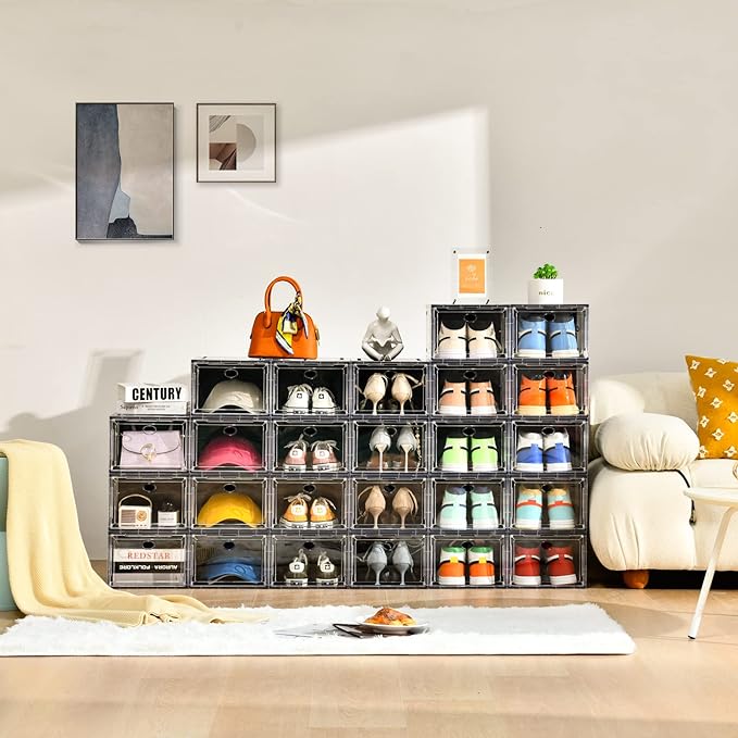 10 Pack Shoe Boxes Stackable,Upgraded Sturdy Storage Boxes with Clear Magnetic Door,Multifunctional Sneaker Organizer Fit up to US Size 12 (13.8”x 9.84”x 7.1”)
