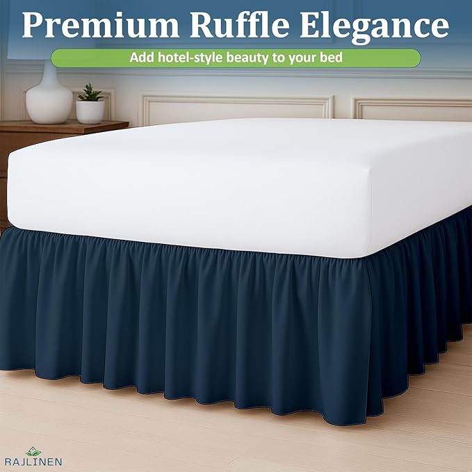 Rajlinen Ruffled Bed Skirt Twin XL, 18 Inch Drop Dust Ruffle with Split Corners, 100% Microfiber Bedskirt with Platform, Three-Sided Coverage Ruffled Gathering Design, Navy Blue