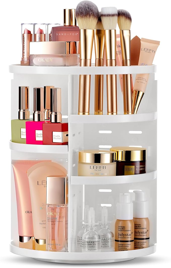 Masirs 360 Rotating Makeup Organizer - Adjustable Shelf Height and Fully Rotatable. The Perfect Cosmetic Organizer for Bedroom Dresser or Vanity Countertop. (White)