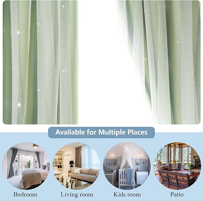 Stars Curtains Double Layer Blackout Bedroom Kids Cute Curtains, 63 Inches Long 2 Panels Set, Green 52 X Inches, × in