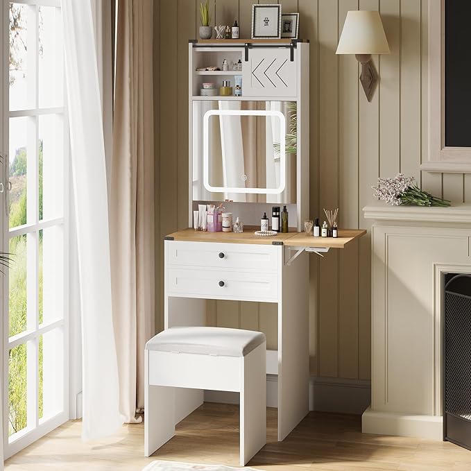 ARTETHYS Farmhouse Small Vanity Desk Set with Mirror Cabinet Mini Makeup Vanities Set with 3 Adjustable Lights and Storage Chair for Compact Space, White Dressing Table with Fold-up Panel