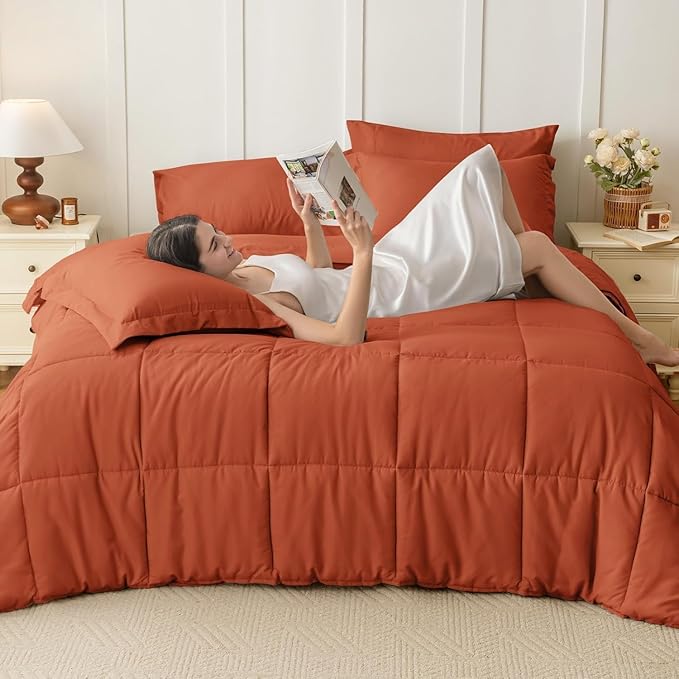 JOLLYVOGUE Full Comforter Set, Ultra-Soft Bed in a Bag Full Size 7 Pieces, Oeko-TEX Certified Bedding Set with Down Alternative Comforter, Sheets, Pillowcases & Shams, Burnt Orange